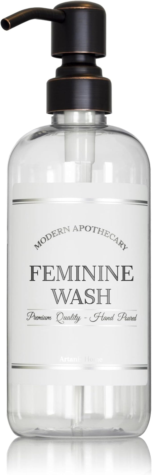 Refillable Clear PET Plastic 16 oz Feminine Wash Bottle with Oil Rubbed Bronze Pump Dispenser - Chrome Accent Waterproof Labeled Bottle