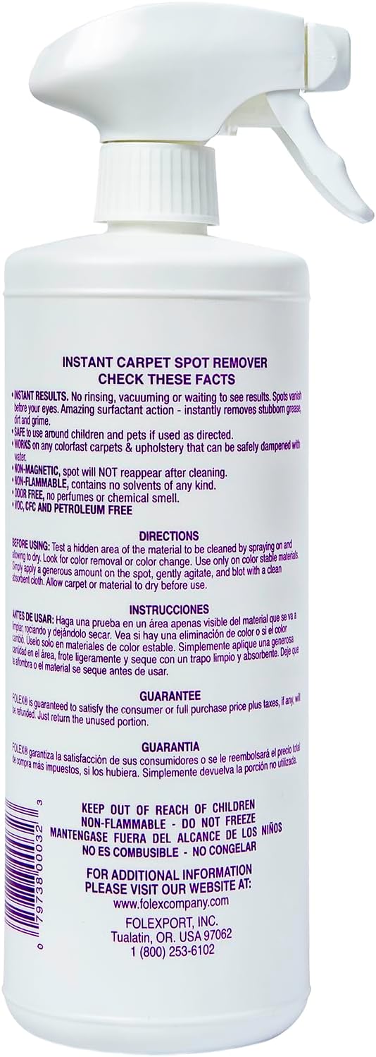 FOLEX 32 oz Instant Carpet Spot Remover Carpet Cleaner with Reusable Cleaning Cloth - Removes Pet Accidents, Grease, Red Wine and More (1 Pack + Refill)