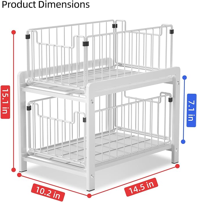 2 Tier Sliding Basket Drawer Organizer, Lxmons Pull Out Under Sink Cabinets Organizers, Metal Home Shelf for Bathroom or Kitchen, Sliding Countertop or Pantry Storage Shelf, Large White