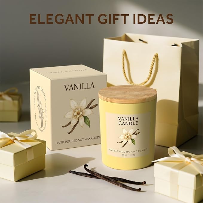 NORVENCE Vanilla Candle, Vanilla Scented Candles for Women, 10oz Soy Candles with Bamboo Lid for Home Scented, Birthday Gifts for Women and Men, Hand-Poured Candle for Relaxation, Home Decor
