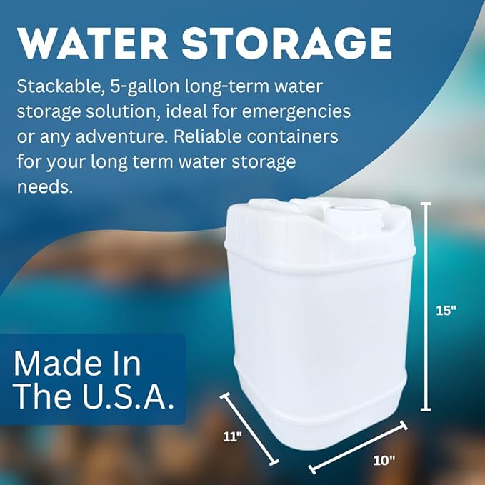 5-Gallon Stackable Water Storage Containers, 5 Gallons w/ 3 Lids + 1 Spigot, Easy Fill, Survial Supply Emergency Water Storage for Camping and Disaster Preparedness, RV, 10 Gallon (2 Tanks)