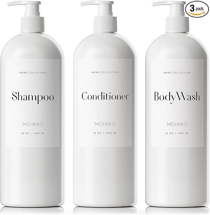 32oz Refillable Shampoo and Conditioner Dispenser Bottles - Set of 3 Empty Shampoo Conditioner Body Wash Dispenser with 8 Waterproof Labels