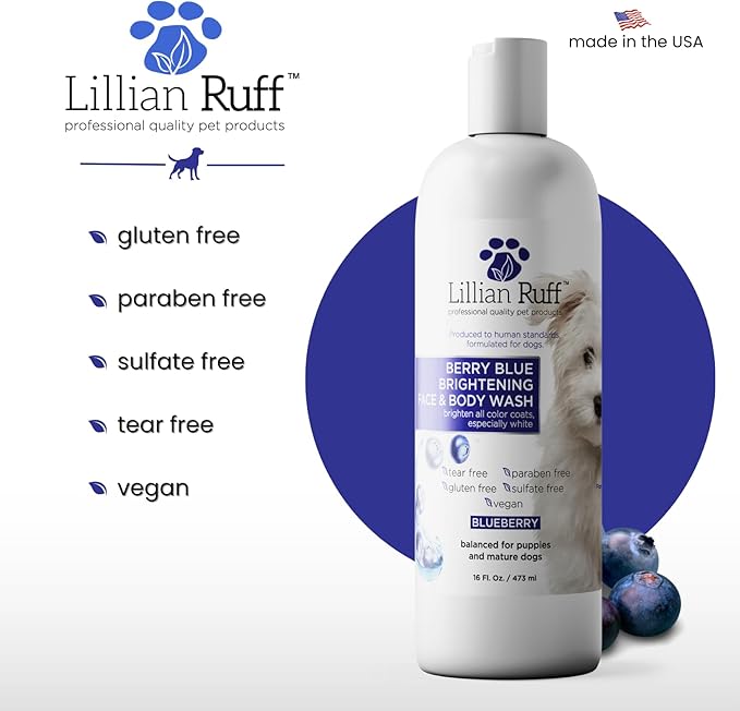 Lillian Ruff PRO Formula Berry Blue Brightening Pet Shampoo - Ultra-Hydrating Professional Whitening Dog Shampoo, Vivid Show-Quality Coat Enhancer, Tear Stain & Odor Eliminator With ProVitamin B5 16oz