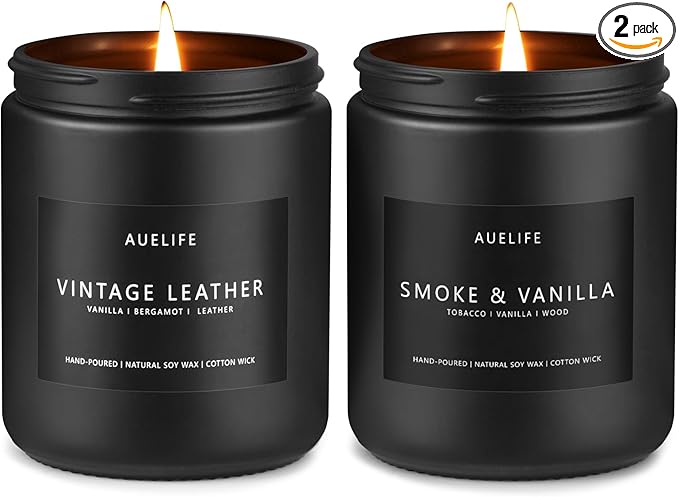 2 Pack Men Candles | Smoke & Vanilla + Vintage Leather - Scented Candles for Men - Masculines Candle - Soy Candle for Home Scented, Man Gifts, Black Jar - 7oz