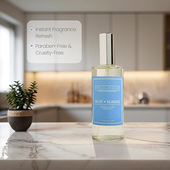 FIELD FLEUR Natural Room and Linen Spray, Non-Toxic Fragrance Mist With Tangy citrus, marine, ripe coconut, musk, & spicy sandalwood – Long-Lasting Room Spray for Home– Made in USA, 4oz – Blue Seaside