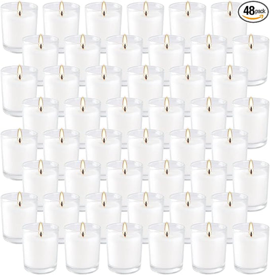 48 Pack Warm White Unscented Clear Glass Filled Votive Candles. Hand Poured Wax Candle Ideal Gifts for Aromatherapy Spa Weddings Birthdays Holidays Party.