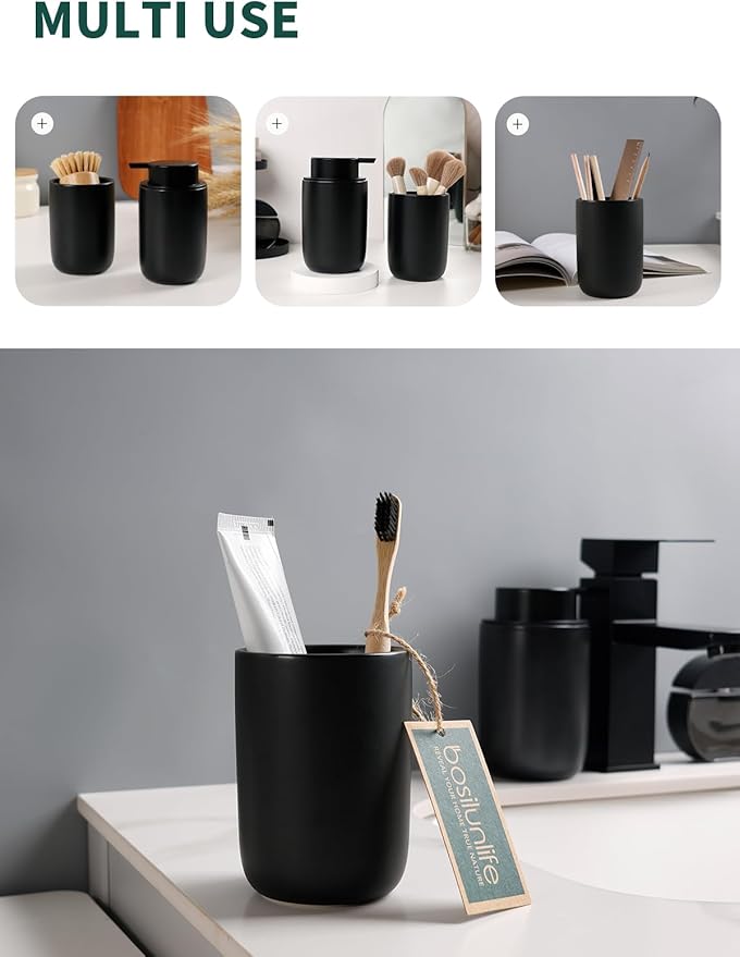 Bosilunlife Soap Dispenser and Toothbrush Holder Set - 11Oz Foam Soap Dispenser Pump Ceramic Bathroom Counter Soap Toothbrush Holder Set Black Bathroom Accessories Set