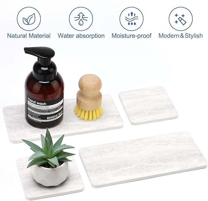 4 Pack Water Absorbing Stone Drying Tray for Bathroom Sink Trays Kitchen Counter Diatomite Stone Quick Dry Diatomaceous Earth Mat for Sink Kitchen Soap Trays Ceramic Marble Bathroom Vanity Tray