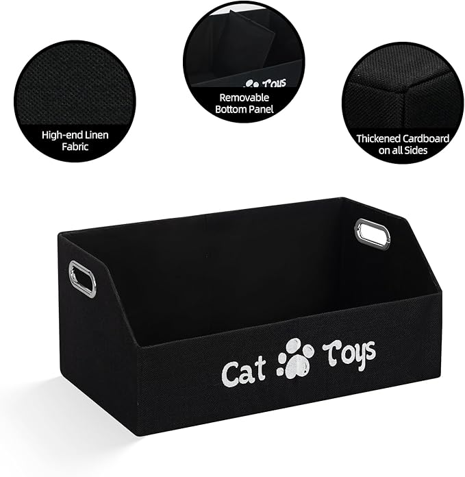 Cat Toy Basket, Kitten Toys Storage Organizer Foldable Fabric Bin Pet Supplies Chest Holder Trapezoid Container with Metal Handles for Organizing Cats Clothes Accessories, Black