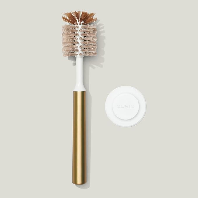 Ionic Bottle Brush, Magnetized to Stand Upright, Stainless Steel with Replaceable Head, Brass/Gold