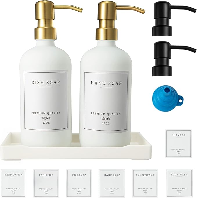 Glass Soap Dispenser for Kitchen, Farmhouse Kitchen Dish Soap Dispenser&Hand Soap Dispenser Set, Rustproof Pump Soap Lotion Dispenser Bathroom with Tray, Waterproof Label for Decor(White
