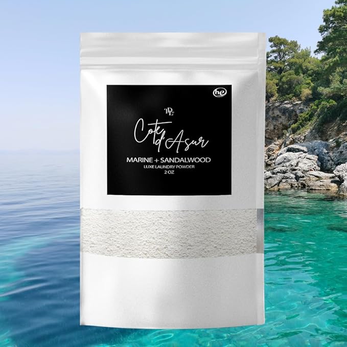 Home 'COTE D'AZUR Luxury Powdered Laundry Detergent & Booster – Ultra-Concentrated Marine & Sandalwood Scent – Plant-Based, Stain-Fighting, HE Safe, Gentle on Skin – 32 oz/64 Loads