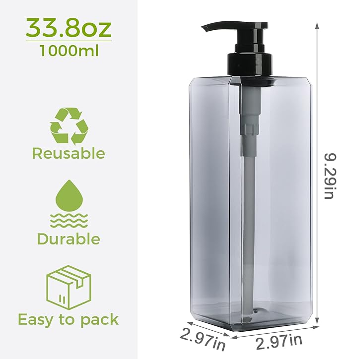 Suream 33.8oz Refillable Shampoo Bottles for Shower, 3Packs 1000ml Large Empty Pump Dispenser with 4PCS Lables for Shampoo, Body Soap, Hand Soap, Conditioner, for Bathroom, Kitchen, Hotel, Salon, SPA