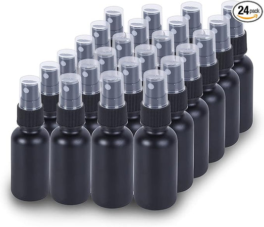 2oz Glass Spray Bottle, Fine Mist Boston Glass Bottles with Black Fine Mist Sprayer Small Clear Bottles for Essential Oils, Bath, Beauty, Hair & Cleaning, Black, Pack of 24