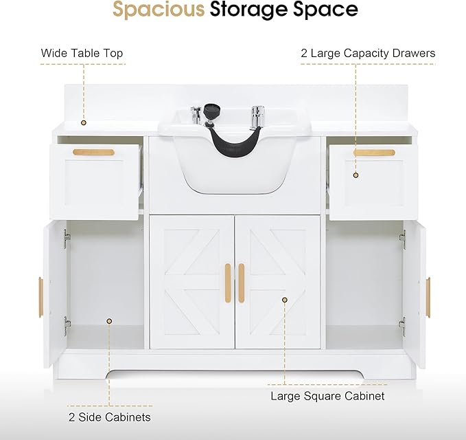 BarberPub Portable Shampoo Station, Shampoo Bowl with Cabinet & Drawer, Salon Geometric Finish Station with Sprayer Faucet, Barber Storage Equipment with Hair Wash Backwash Sink 3439 (All White)