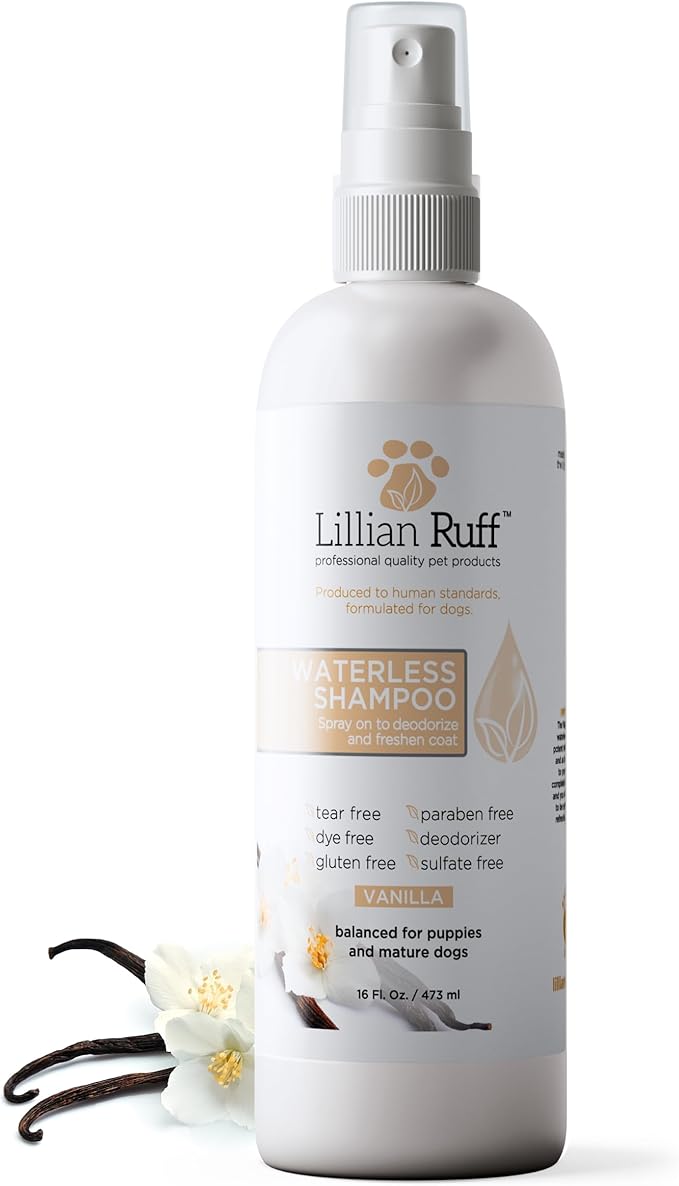 Lillian Ruff Waterless No-Rinse Dog Dry Shampoo Spray with Hydrating Essential Oils - pH-Balanced Dry Shampoo for Dogs - Clean, Condition, Detangle & Deodorize Dry, Sensitive Skin (Vanilla)