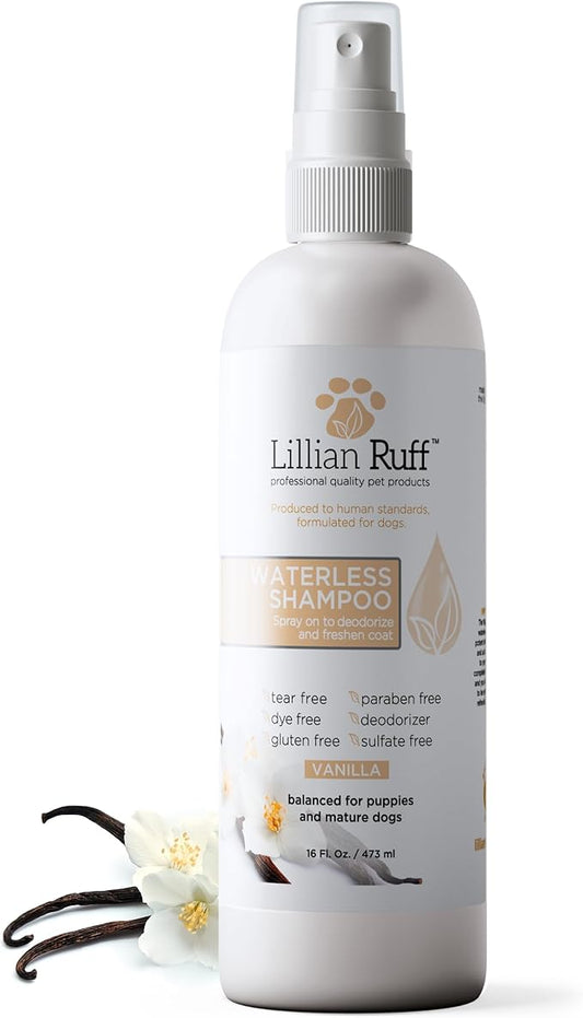 Lillian Ruff Waterless No-Rinse Dog Dry Shampoo Spray with Hydrating Essential Oils - pH-Balanced Dry Shampoo for Dogs - Clean, Condition, Detangle & Deodorize Dry, Sensitive Skin (Vanilla)