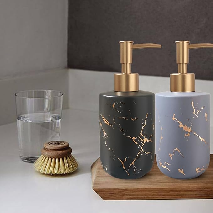 Black Marble Ceramic Soap Dispenser with Golden Pump for Bathroom Kitchen Refillable Dish Dispenser Liquid Hand Dispenser Empty Bottle (Black)