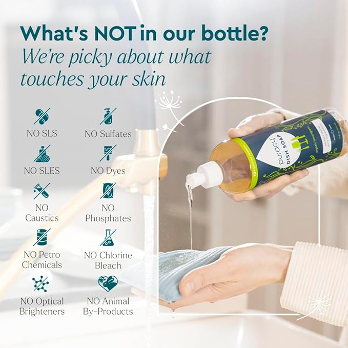 Puracy Natural Dish Soap Refill - Skin-Softening Plant-Based Liquid Dishwashing Detergent Soap, Clean-Rinsing Water-Sheeting Formula (Organic Lemongrass, 16+48 fl oz)