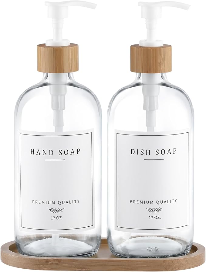 Clear Glass Soap Dispenser - Dish Hand Soap Dispenser Set for Kitchen, Refillable Soap Lotion Dispenser Bathroom with Sturdy Pump and Tray, 14 Waterproof Labels -Clear