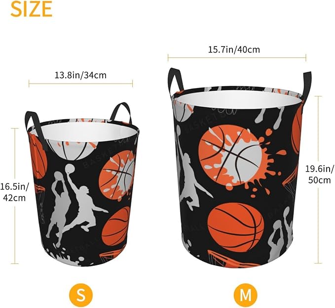 Basketball Sport Theme Laundry Hamper Bag With Waterproof Liner - Round Laundry Basket Foldable Clothes Storage Organizer For Bathroom Bedroom Nursery Dorm, S-16.5"X 13.8"