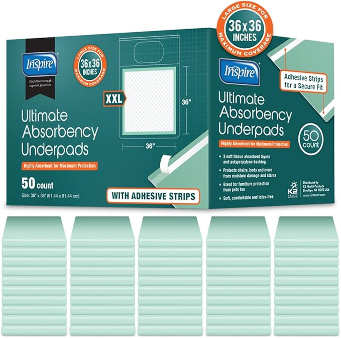 Inspire Super and Ultra Absorbent Disposable Bed Pads, 36" X 36", Pack of 50 with Adhesive, XXL