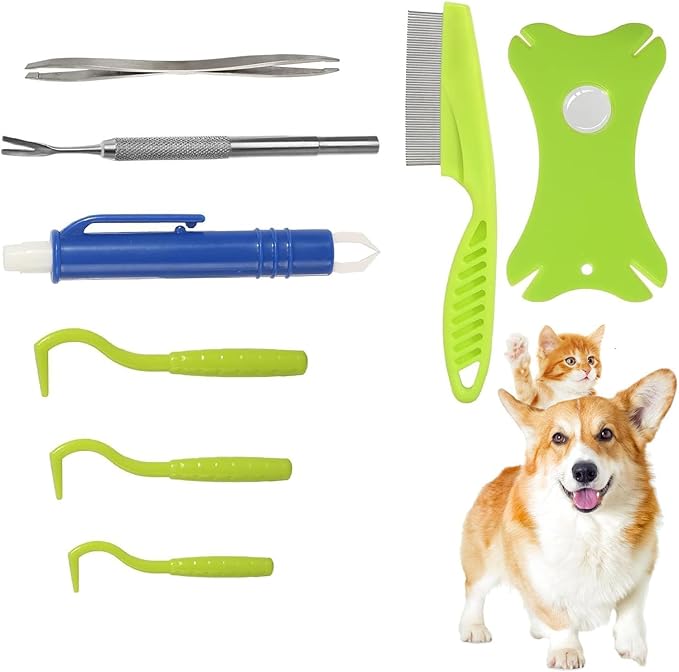 Tick Removal Tool Kit 8 in 1 for Dogs Cats with Storage Box,Safe & Easy, Effective,Stainless Steel Metal Grooming Flea Comb and Tick Tweezers,with Magnifying Glass for Humans and Pets