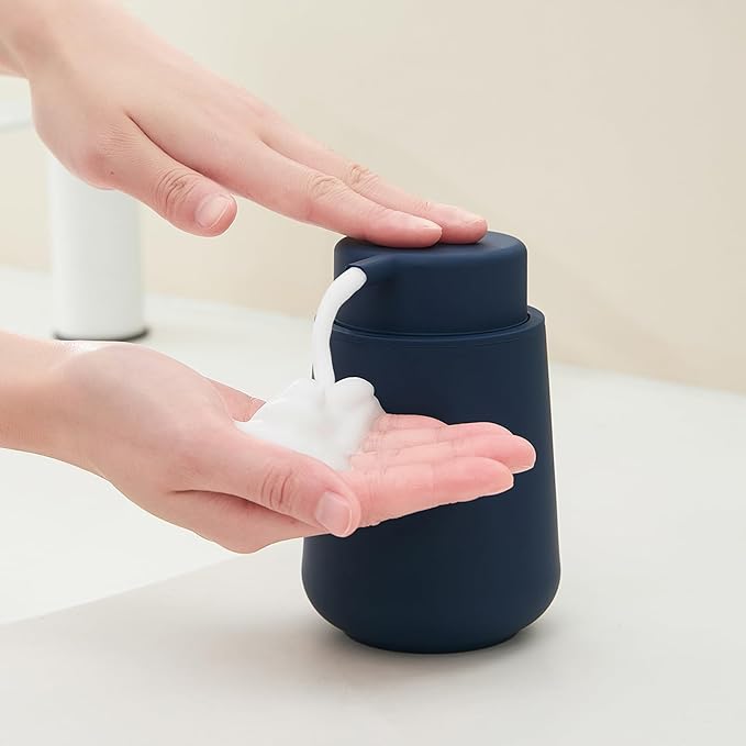 Matte Navy Blue Foaming Hand Soap Dispenser Plastic 11 oz - Modern Minimalist Style for Bathroom & Kitchen Countertop Refillable