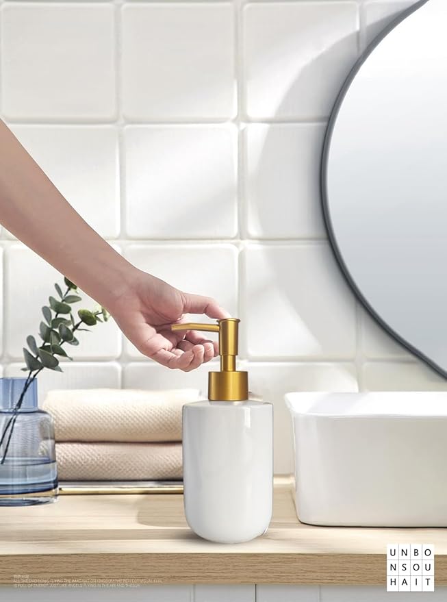 White Liquid Soap Dispenser with Golden Pump for Bathroom,Kitchen Refillable Dispenser,Countertop Lotion Ceramics Hand Dispenser 420ml (Cylindrical White Bottle)