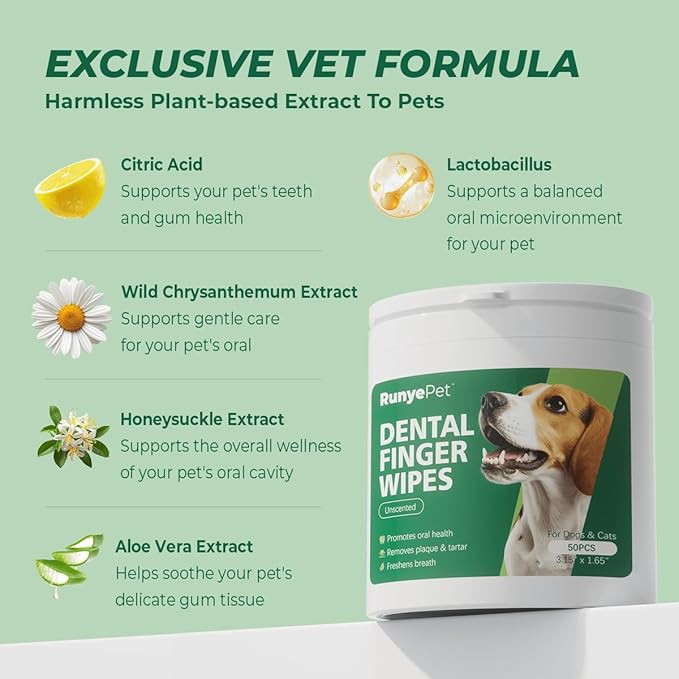 Pet Dental Finger Wipes for Dogs & Cats – Rinse-Free Oral Care, Helps Reduce Plaque & Tartar, Freshens Breath, Disposable Finger Wraps for Gentle Gum Cleaning, 50 Count