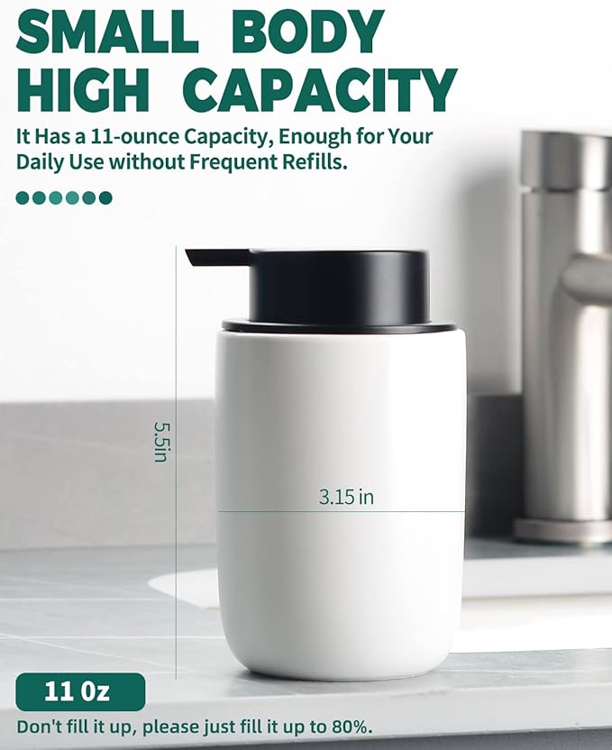 BosilunLife Foaming Soap Dispenser - Ceramic White Soap Dispenser Bathroom Small Foam Hand Dispenser Refillable Kitchen Dish Soap Bottle Hand Wash Dispenser