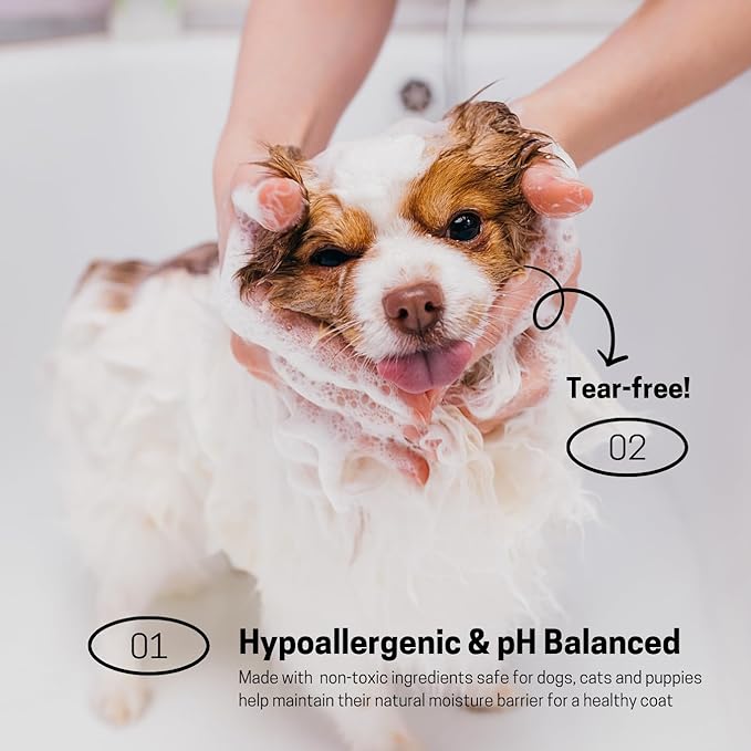 Hypoallergenic Dog Shampoo and Conditioner in 1, Cat Shampoo, Moisturizing, Tear-Free for Sensitive Skin, Puppies, with Pet-Friendly Fragrance, Includes Silicone Bath Brush (Shampoo & Moisturizer)