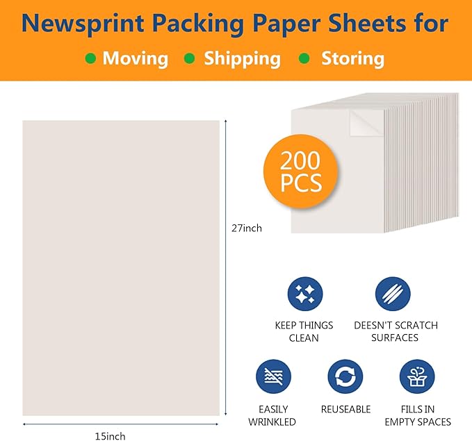 27”x15” Packing Paper Sheet for Moving Shipping Wrapping Packing Box Newsprint Paper Moving Paper Moving Supplies Protecting Fragile Items Glass China Dishes Packing (200SHEETS)