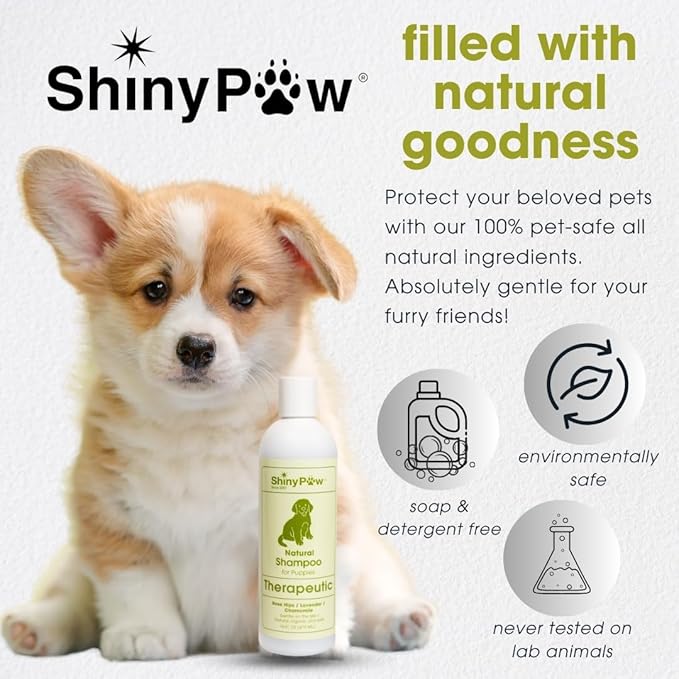 Tearless Puppy Shampoo and Conditioner by Shiny Paw 16 oz | Natural Chamomile, Lavender & Rose Hip Pet Shampoo for Puppies | Hypoallergenic for Sensitive Skin