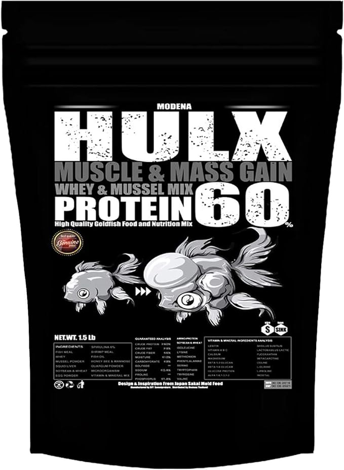 HULX Goldfish Food Sinking Pellets for Big Muscle & Mass Weight Gain, Whey Mixed High Protein 60% Fish Food Growth Fast Formula 1.32 Lb.(600 Gram.) 1mm, Healthy, Color Enhancing Clear Water Fish Feed