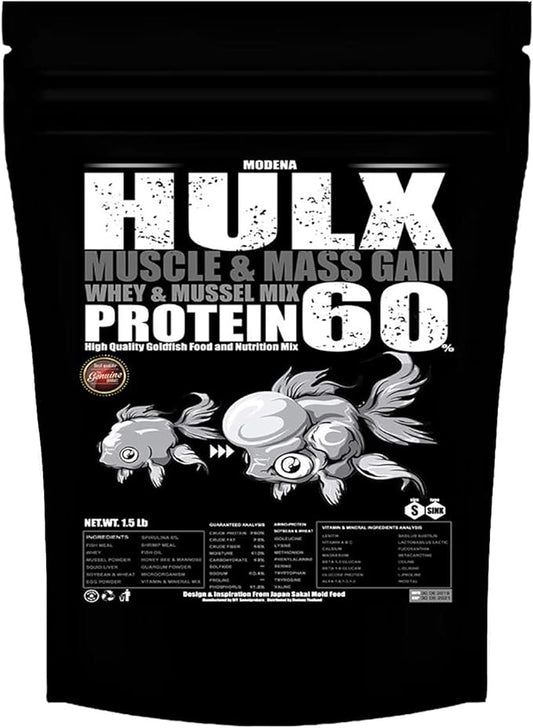 HULX Goldfish Food Sinking Pellets for Big Muscle & Mass Weight Gain, Whey Mixed High Protein 60% Fish Food Growth Fast Formula 1.32 Lb.(600 Gram.) 1mm, Healthy, Color Enhancing Clear Water Fish Feed