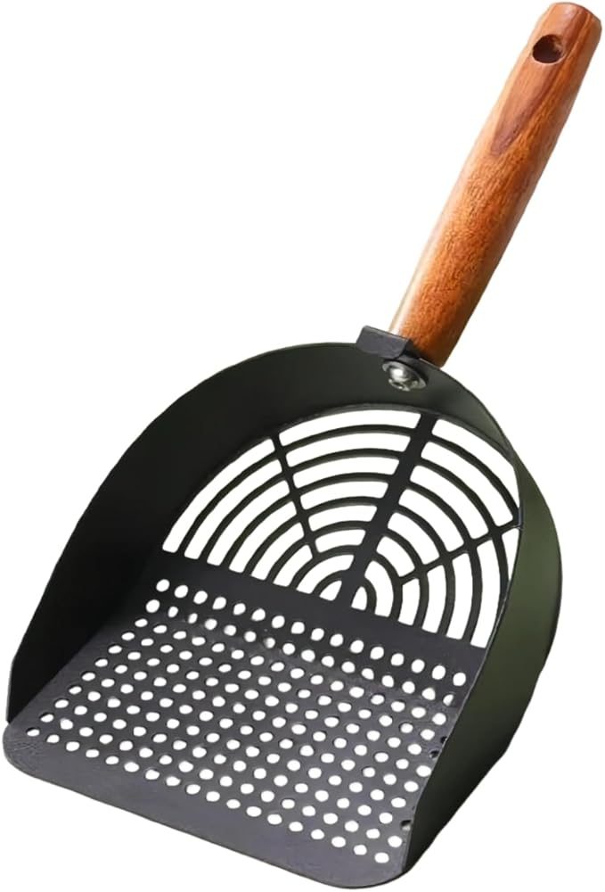 Heavy Duty Aluminum Alloy Cat Litter Scoop with Stand | Beech Wood Grip + Long Handle for Comfort | Deep Sifter for Fast, Efficient Poop/Litter Cleaning | Durable for Litter Box (Black Round hole row)