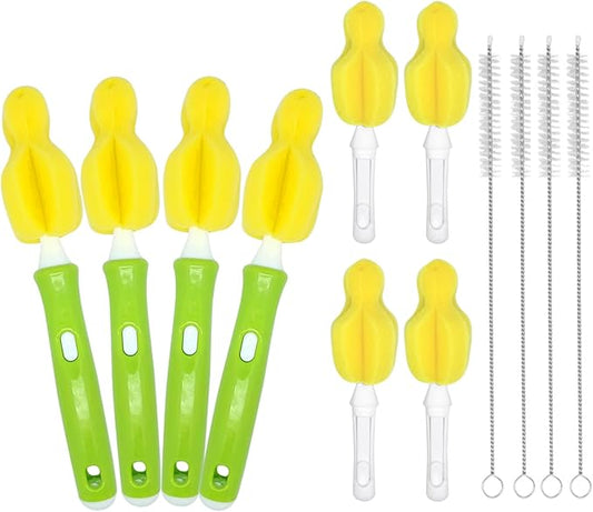 INVODA 12PCS Sponge Nipple Bottle Brushes, Baby Bottle & Nipple Cleaner with 4 Replacement Heads & 4 Straw Brushes (Yellow)