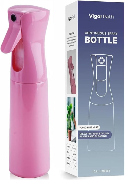 VIGOR PATH Continuous Spray Bottle for Hair – Fine Mist Mister for Hairstyling, Cleaning, Plants, Pets, Barbers, Salons, and Essential Oil Applications (300ml/10 oz) Pink