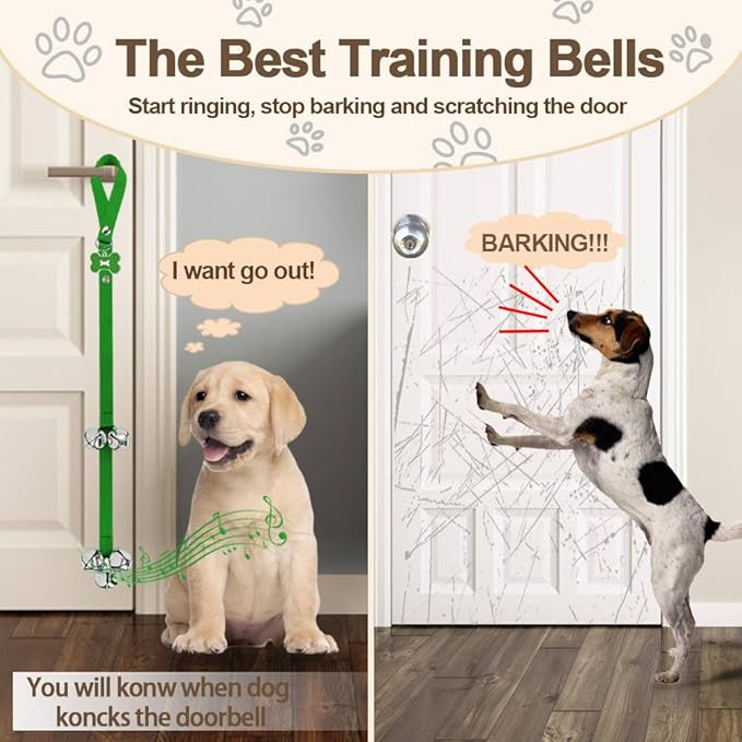 2 Pack Dog Door Bells, Dog Doorbell to go Outside Puppy Train Bell for Dogs to Ring to go Potty, Puppy Toilet Training Bell Jingle Bells for Door Knob (Green)