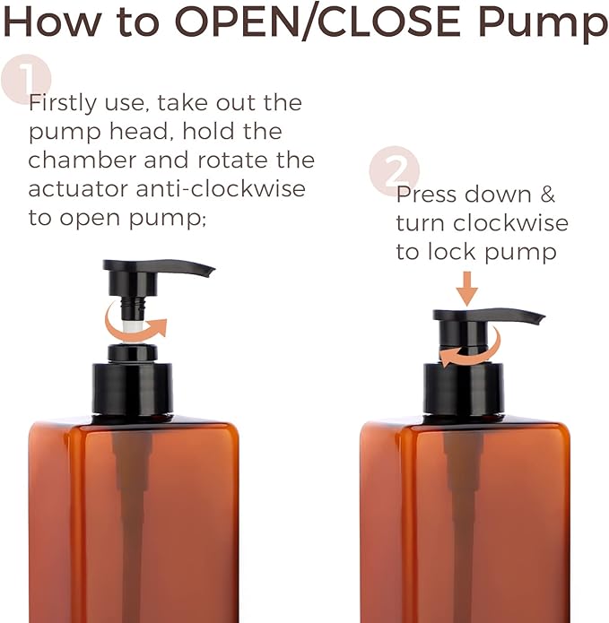 Suream Amber Shampoo and Conditioner Dispenser with Black Plastic Pump, 16.9oz Refillable Shower Bottle for Bathroom, Empty Container for Body Wash, Hand Soap, Lotion, Massage Oil