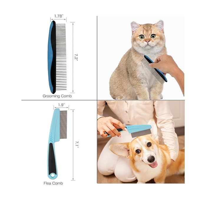 7‑in‑1 Pet Deshedding Tool, Dog Grooming Brush Set, Dog Brush Combo, Pet Deshedding Brush, Flea & Grooming Comb, Carpet & Bath Hair Remover