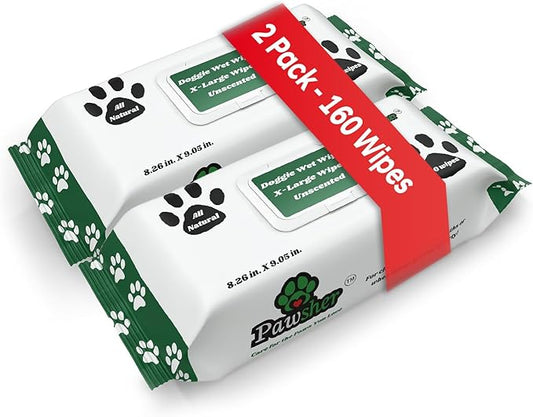 160 Dog Wipes for Paws and Butt - Unscented Dog Wipes Cleaning & Deodorizing - Extra Large, Thick and Chemical Free - Pearl Textured Pet Wipes for Dogs