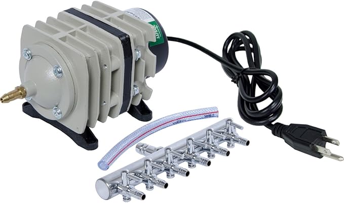 Hydrofarm AAPA45L Active Aqua Commercial, 6 Outlets, 20W, 45 L/min Air Pump, Silver