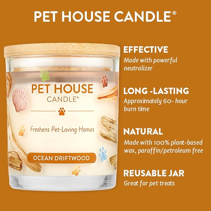 One Fur All Pet Odor Candle, 9 OZ Ocean Scented Candle, Clean Burning, Long Lasting Air Freshener for Home - Ocean Driftwood
