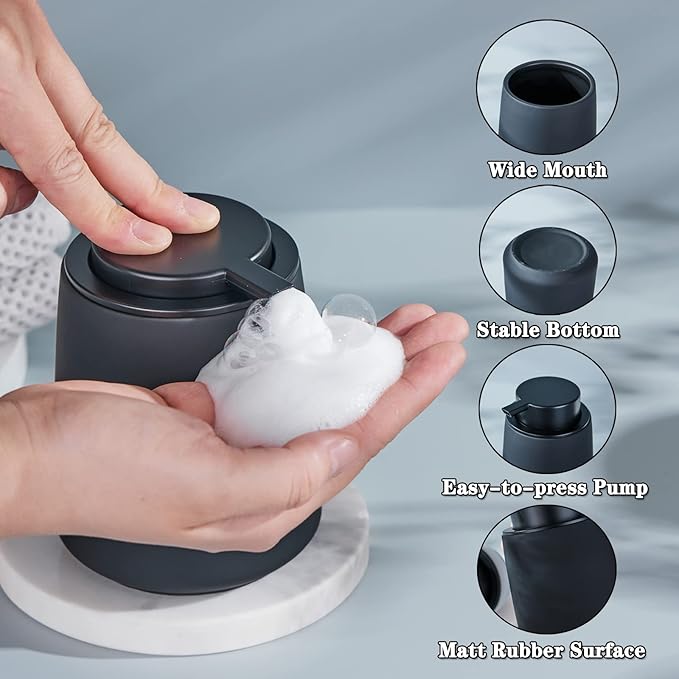 Black Foam Hand Soap Dispenser - 12Oz Ceramic Foaming Soap Dispenser with Easy-to-Press Black Pump, Reusable and Refillable Liquid Lotion Dish Soap Dispensers for Bathroom, Kitchen (Rubber Paint)