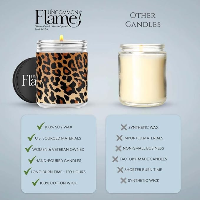 100% Handmade Non-toxic Soy Wax Candle, Fruity Musky Scent, 120hr Burn, Soot Free, Cotton Wick, 16 oz - Fun Animal Print, Cheetah Design (Leopard Print, Sweet Orange & Chili Pepper)