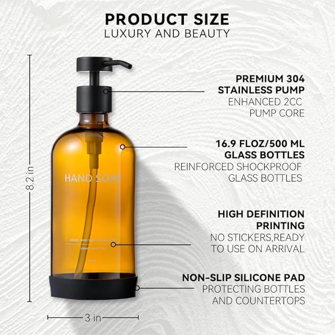 Soap Dispenser Set with Non-Slip Protective Silicone Pad,Hand Soap Dispenser for Bathroom Decor, Amber Kitchen Accessories (Amber Bottles + Black Pumps)