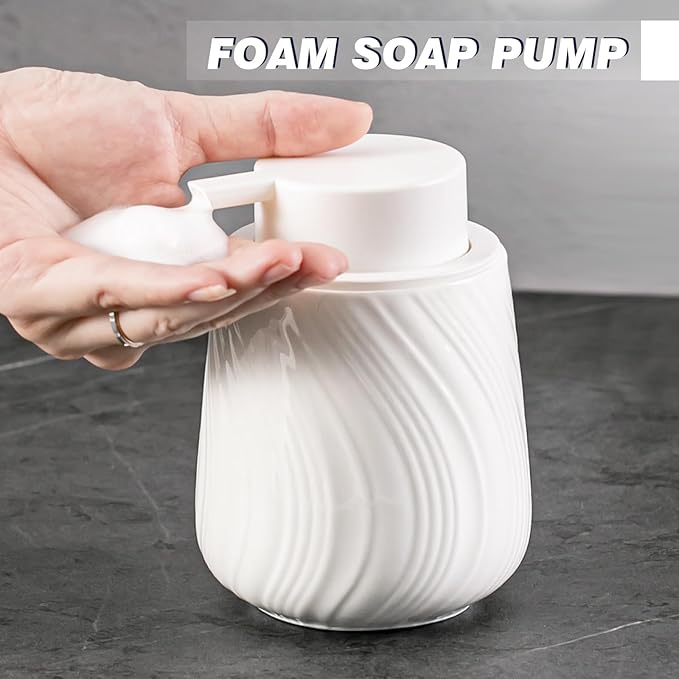Foam Hand Soap Dispenser - 13.5 oz Ceramic foaming Hand soap Dispenser with Easy-to-Press Pump for Bathroom refillable Liquid Hand soap Dispenser (Foam-White)