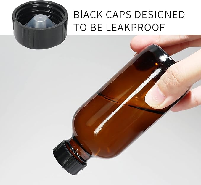 15 Pack Glass Amber Boston Bottles with Black Poly Cone Cap, 4 oz Round Glass Bottle for Essential Oil, Perfume and Liquid, Contains 24 Colored Labels, 2 Funnels, 1 Brush